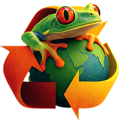 ITAD App logo of a colorful green and orange tree frog perched on the side of the globe with both the frog and globe surrounded by a vibrant yellow-orange recycling symbol