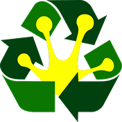 Tri-state recycling logo depicting a yellow frog foot surrounded by a green recycling symbol.